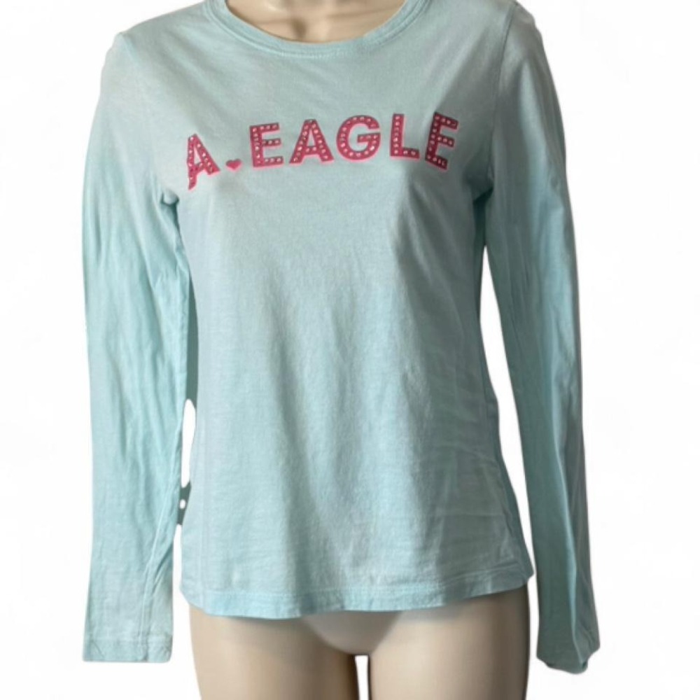 Vintage Y2K American‎ Eagle Blue A. EAGLE Rhinestone Spell Out Tee, Women's Sz S